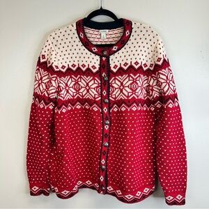 L.L. Bean Fair Isle Nordic Red Cream Cotton Cardigan Ski Cabin Scandinavian Prep
